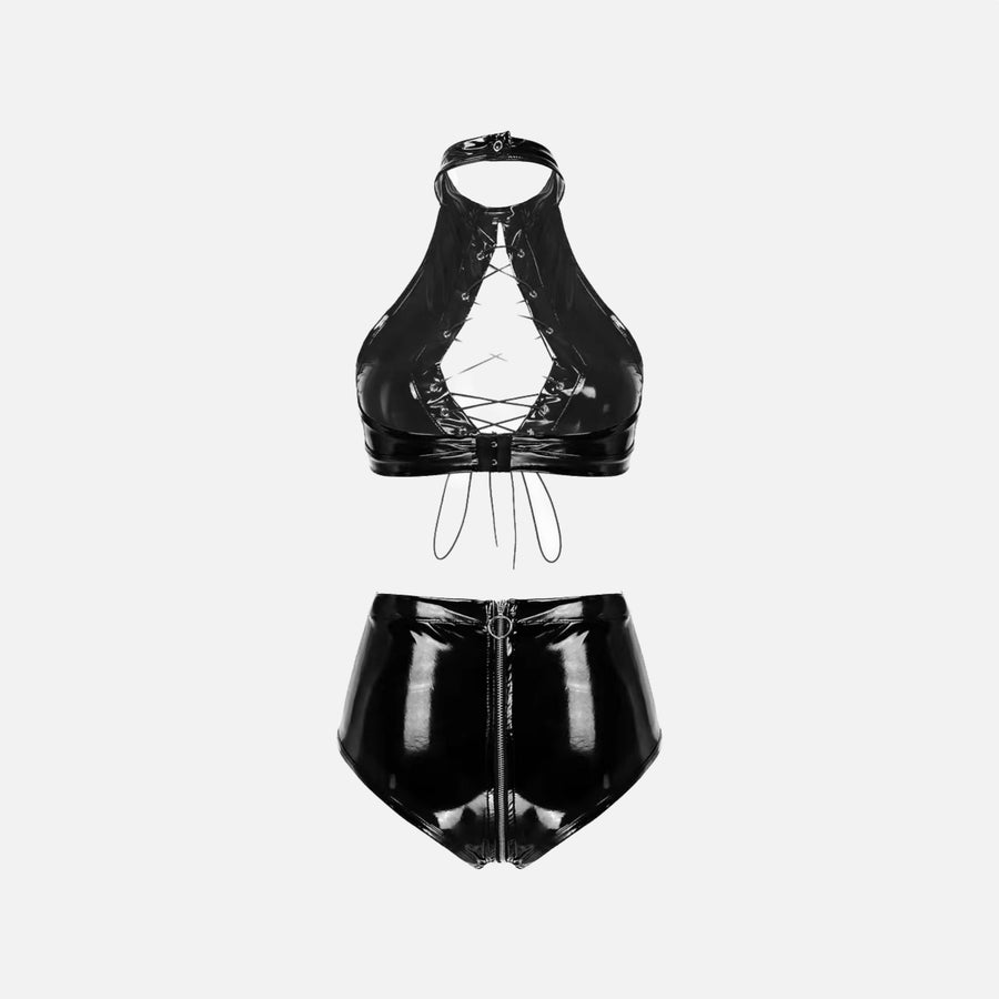 Black Glossy Top And Zipper Shorts Set