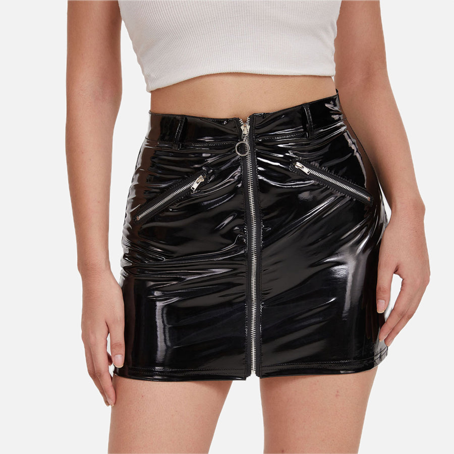 Black Glossy Zipper Skirt