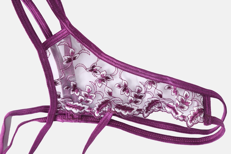 Purple Flower Stitched Lingerie Set