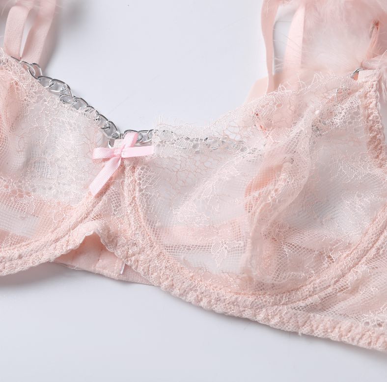 Pink Lace Feather Underwear Suit