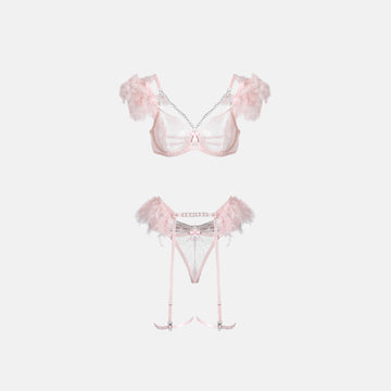 Pink Lace Feather Underwear Suit