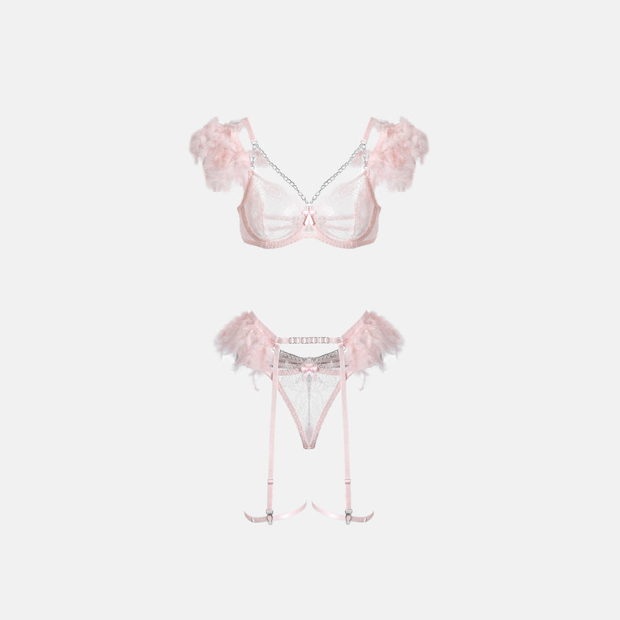 Pink Lace Feather Underwear Suit