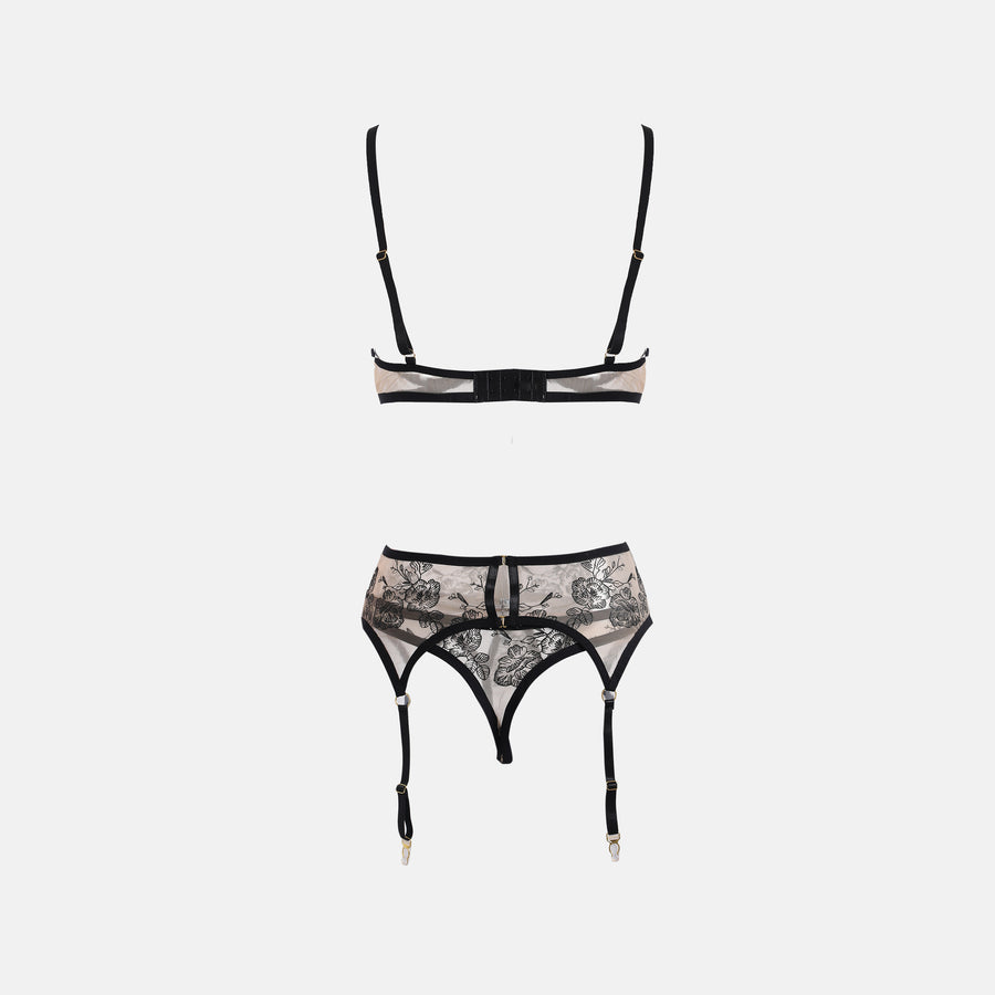 Black Lace Stitched Flora Underwear Set