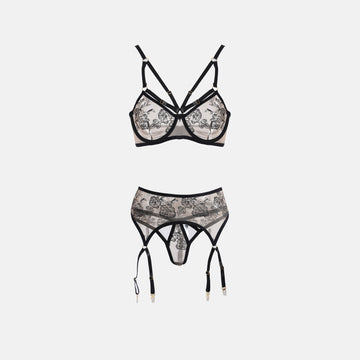 Black Lace Stitched Flora Underwear Set