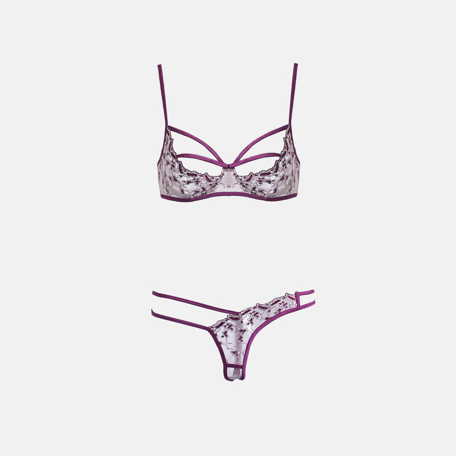 Purple Flower Stitched Lingerie Set